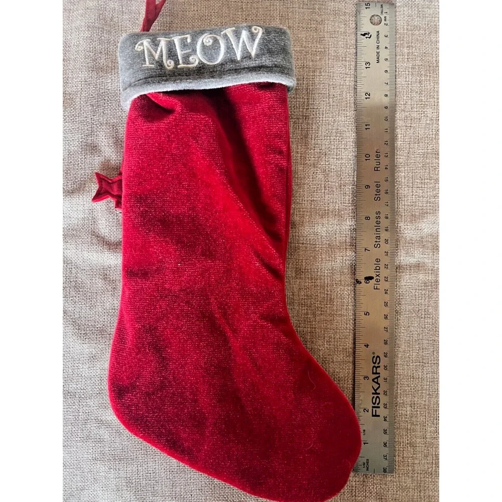 Christmas‎ Stocking Meow Pet Cat Kitty Kitten Red Silver Fish Bells Velvet 15